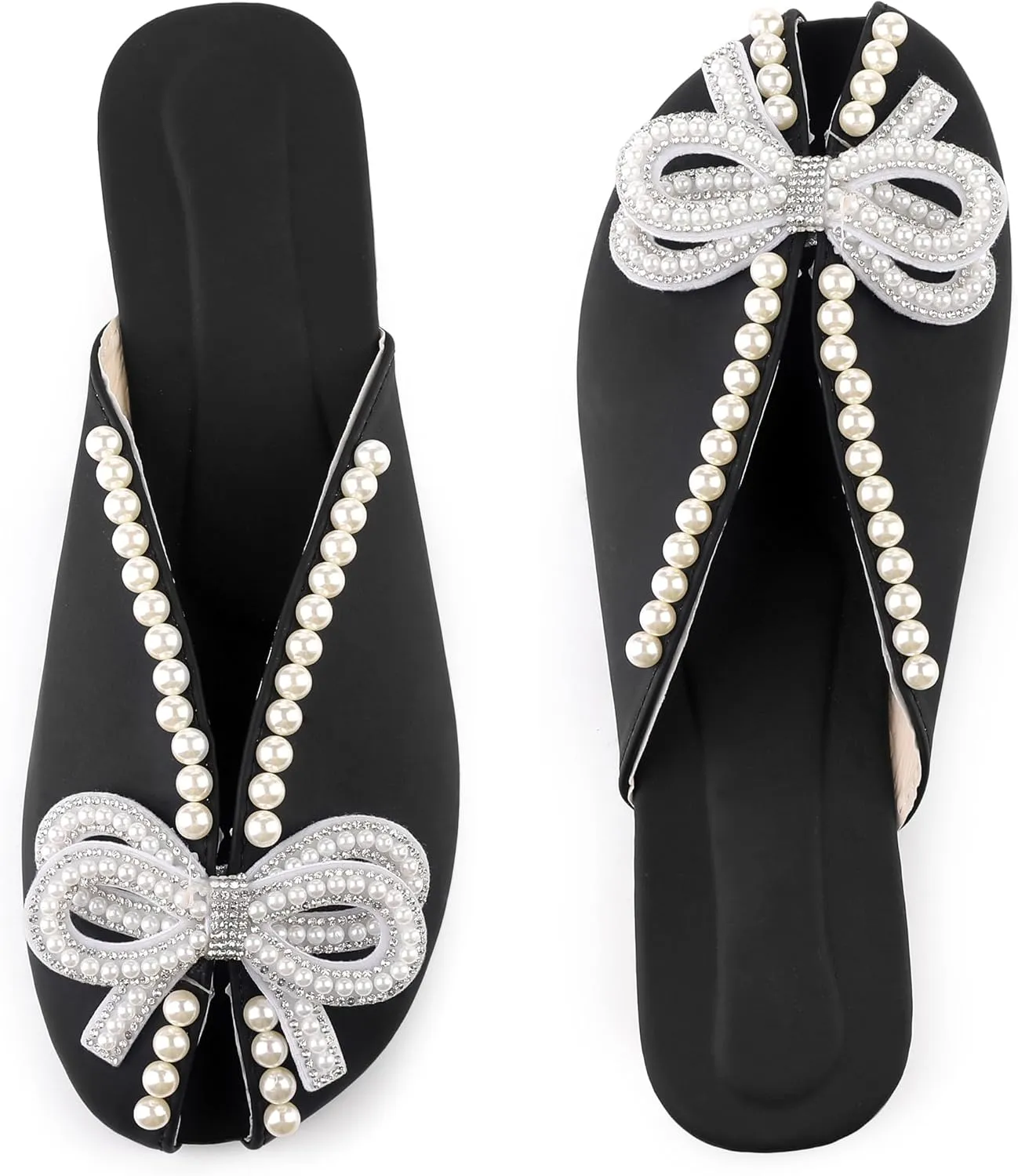 Perphy Floral Printed Peep Toe Slip on Pearl Flat Shoes Slides Mules for Women