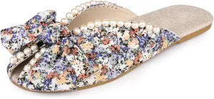 Perphy Floral Printed Peep Toe Slip on Pearl Flat Shoes Slides Mules for Women
