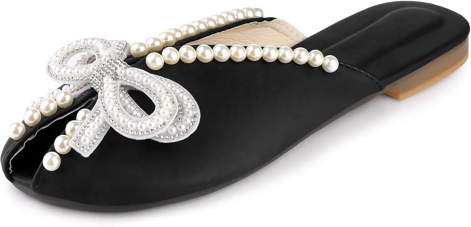 Perphy Floral Printed Peep Toe Slip on Pearl Flat Shoes Slides Mules for Women
