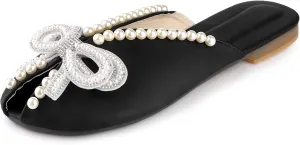 Perphy Floral Printed Peep Toe Slip on Pearl Flat Shoes Slides Mules for Women