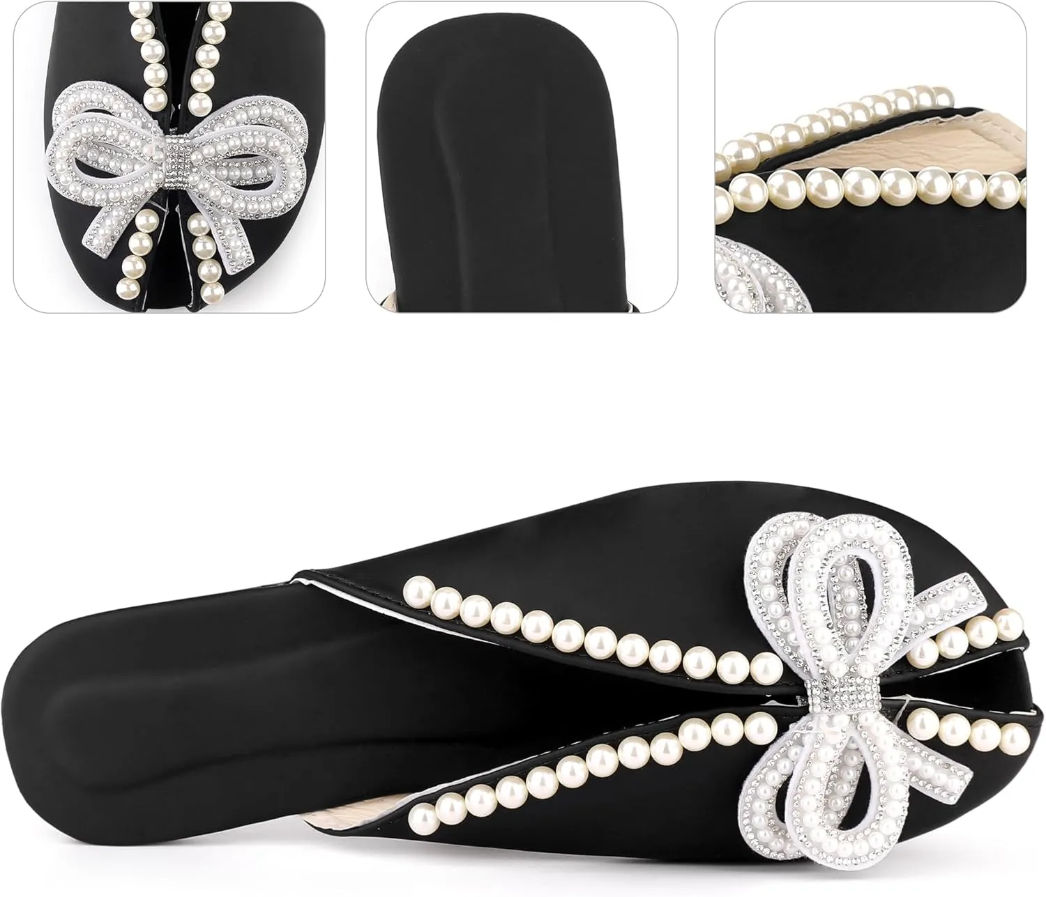 Perphy Floral Printed Peep Toe Slip on Pearl Flat Shoes Slides Mules for Women