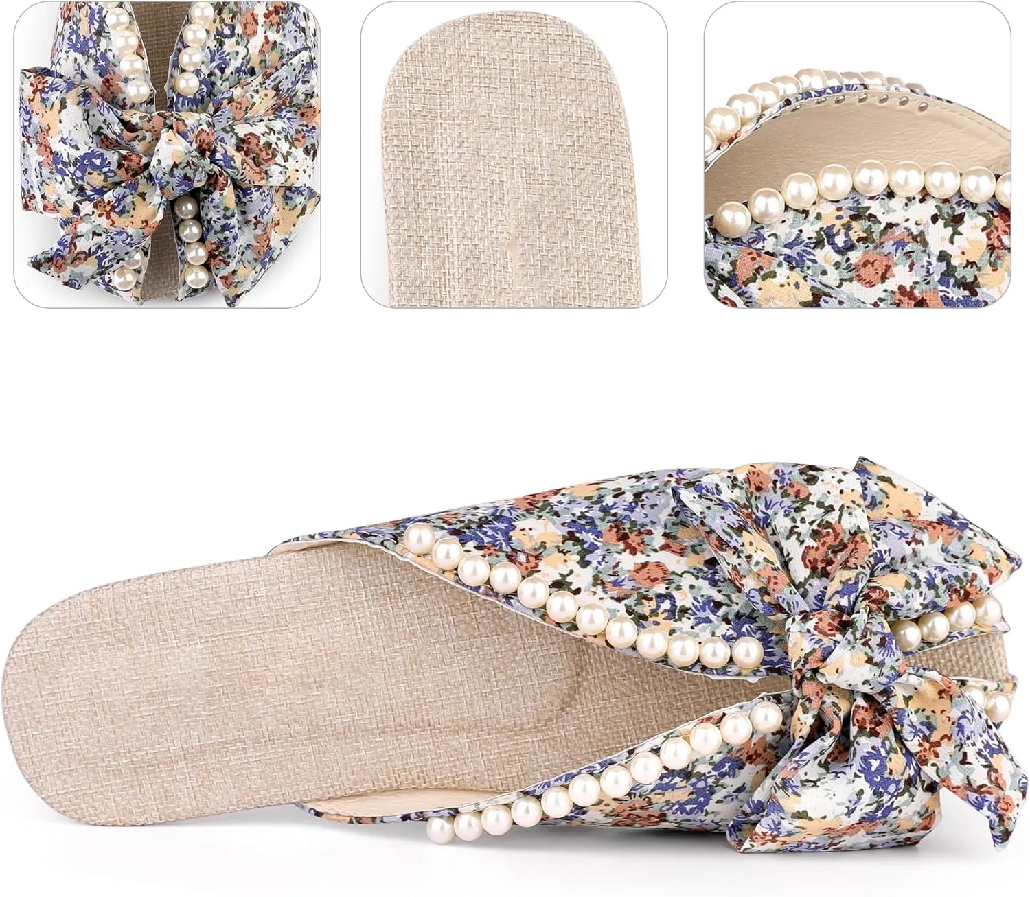 Perphy Floral Printed Peep Toe Slip on Pearl Flat Shoes Slides Mules for Women
