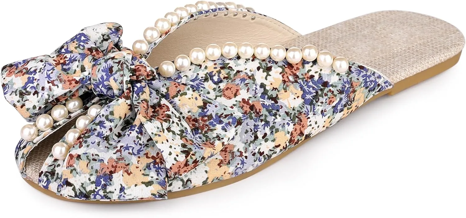 Perphy Floral Printed Peep Toe Slip on Pearl Flat Shoes Slides Mules for Women