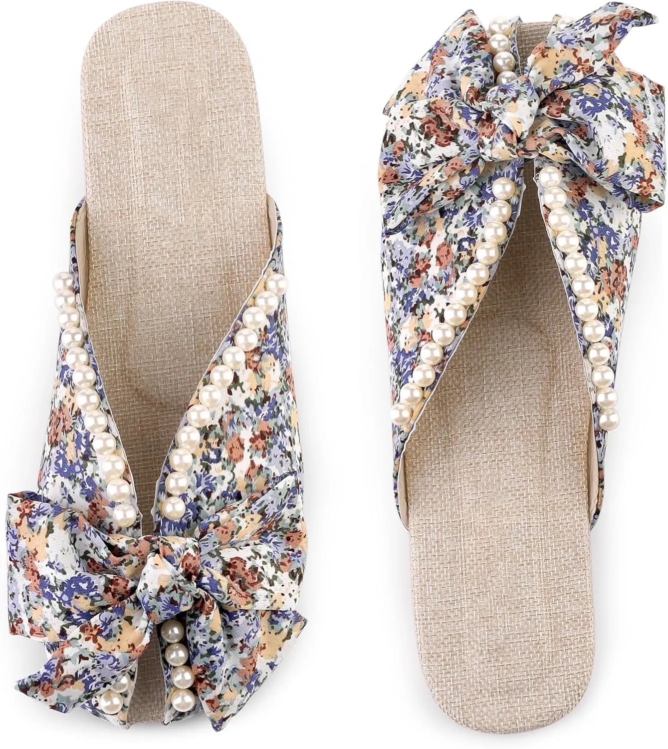 Perphy Floral Printed Peep Toe Slip on Pearl Flat Shoes Slides Mules for Women