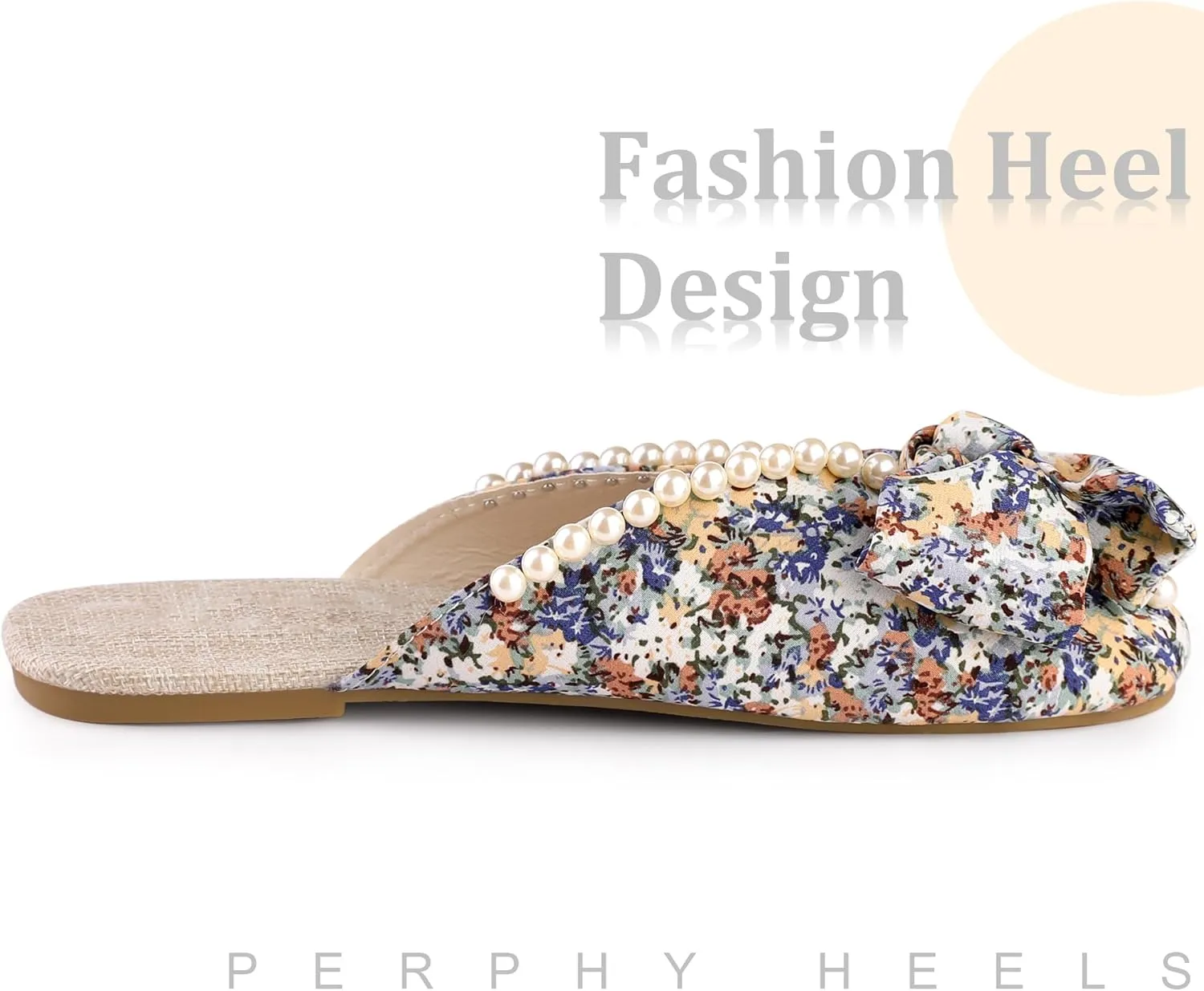 Perphy Floral Printed Peep Toe Slip on Pearl Flat Shoes Slides Mules for Women