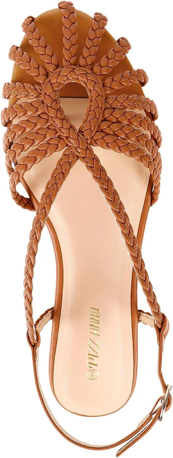 PIZZ ANNU Women's Sophia Braided Flat Sandals Comfortable Memory Foam Walking Shoes Summer Gladiator Slingback Ankle Strap Strappy Sandals
