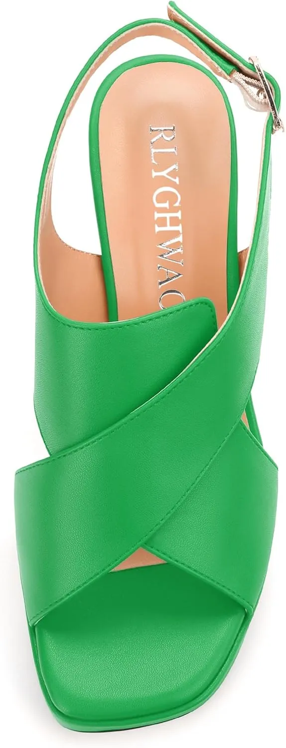 Platform Sandals, Buckle Slingback High Heels for Women, Square Open Toe Fashion Solid Block Heeled Sandal