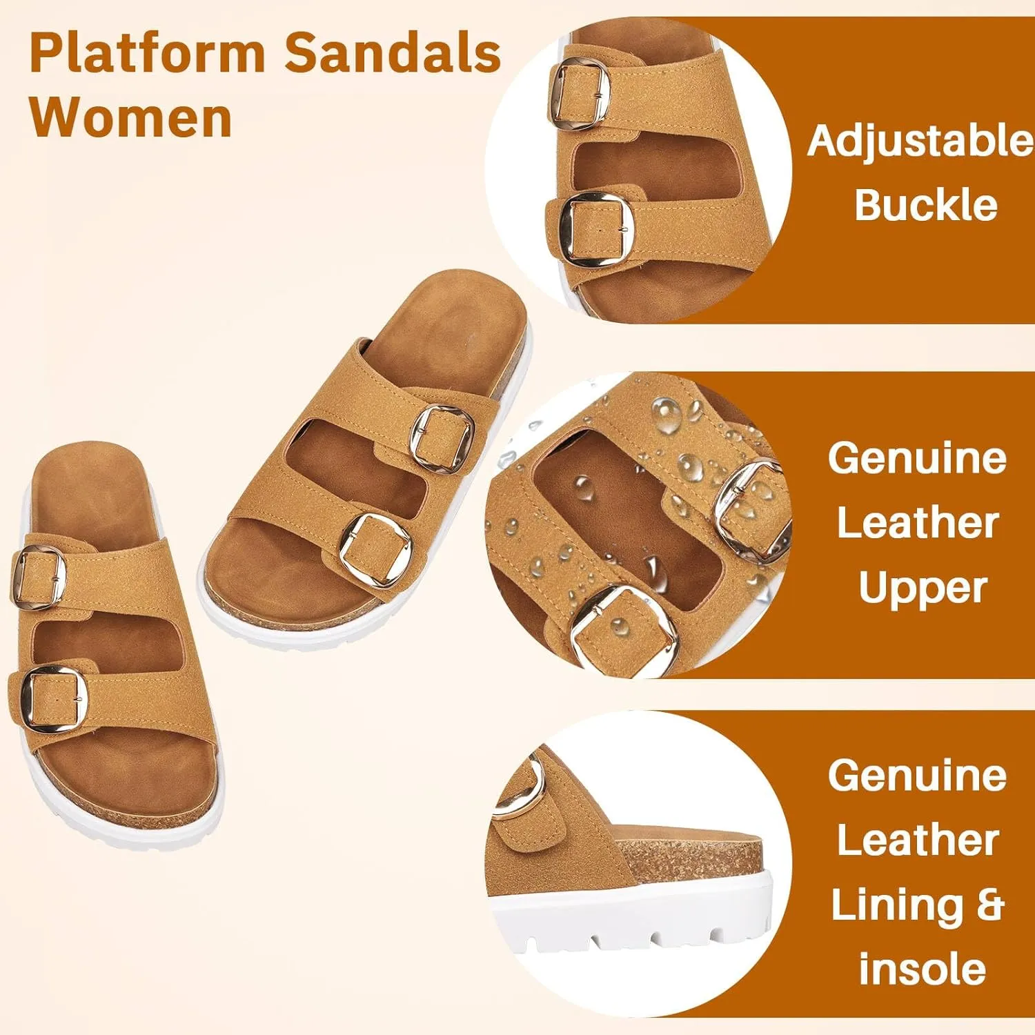 Platform Sandals for Women Wedge Chunky Sandal Womens Leather Sandals with Adjustable Buckle Straps and Memory Foam Insole