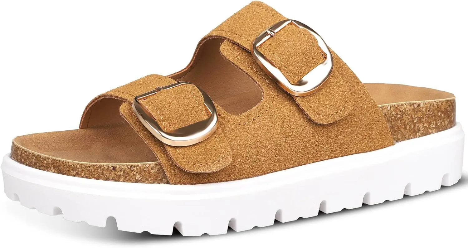 Platform Sandals for Women Wedge Chunky Sandal Womens Leather Sandals with Adjustable Buckle Straps and Memory Foam Insole