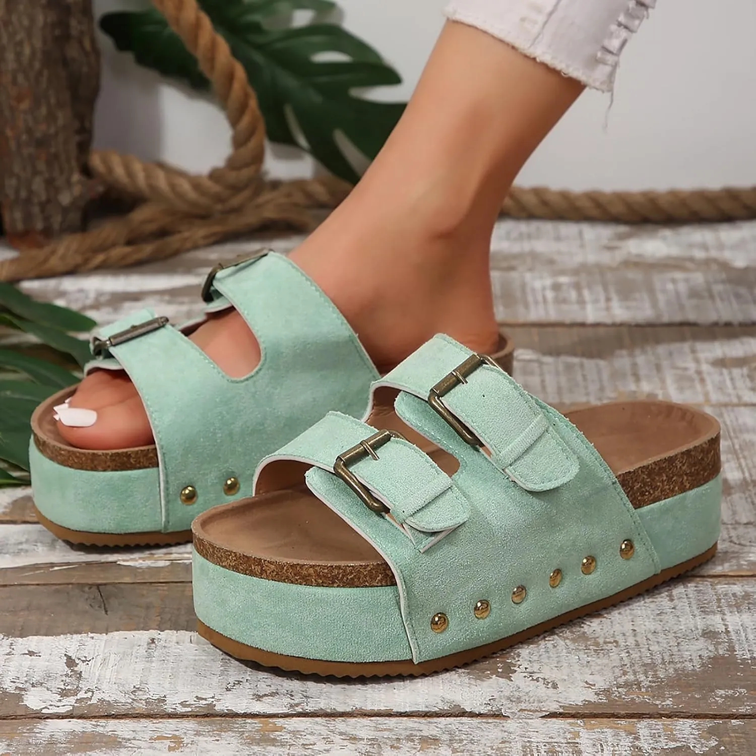 Platform Sandals Women Cork Footbed Orthopedic Slides 2 Straps Adjustable Buckle Slip On Summer with Comfort Shoes