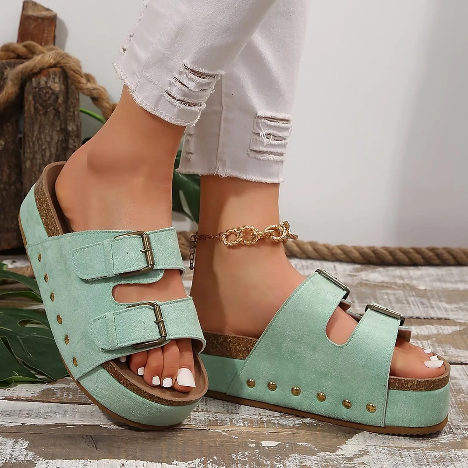 Platform Sandals Women Cork Footbed Orthopedic Slides 2 Straps Adjustable Buckle Slip On Summer with Comfort Shoes