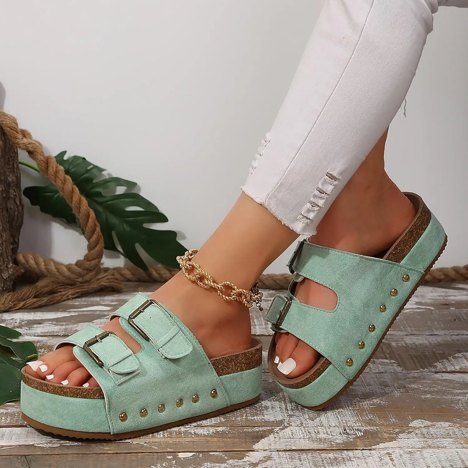 Platform Sandals Women Cork Footbed Orthopedic Slides 2 Straps Adjustable Buckle Slip On Summer with Comfort Shoes