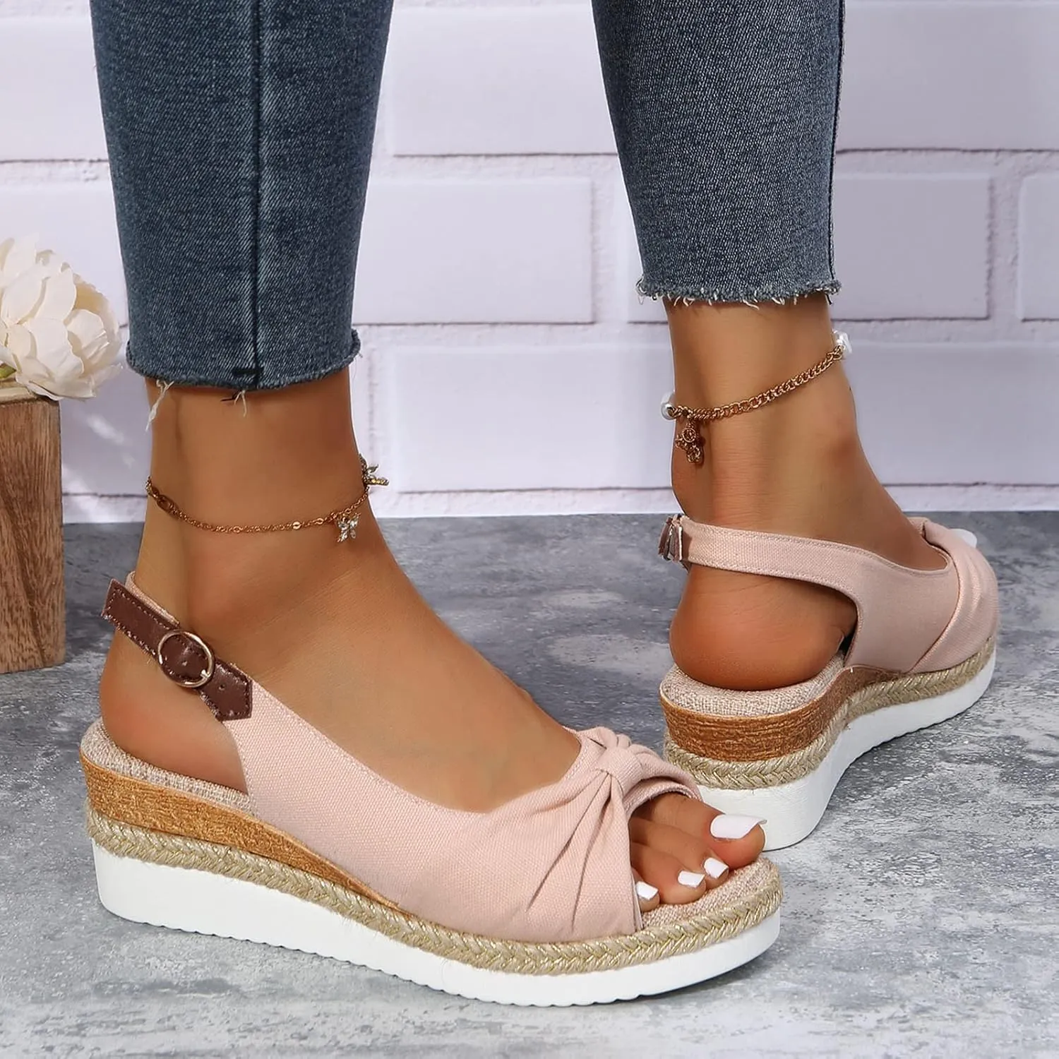 Platform Sandals Women Wedge Braided Platform Adjustable Ankle Band Breathable Beach Shoes Slip-Resistant Tread 2025 Spring and Summer Vacation