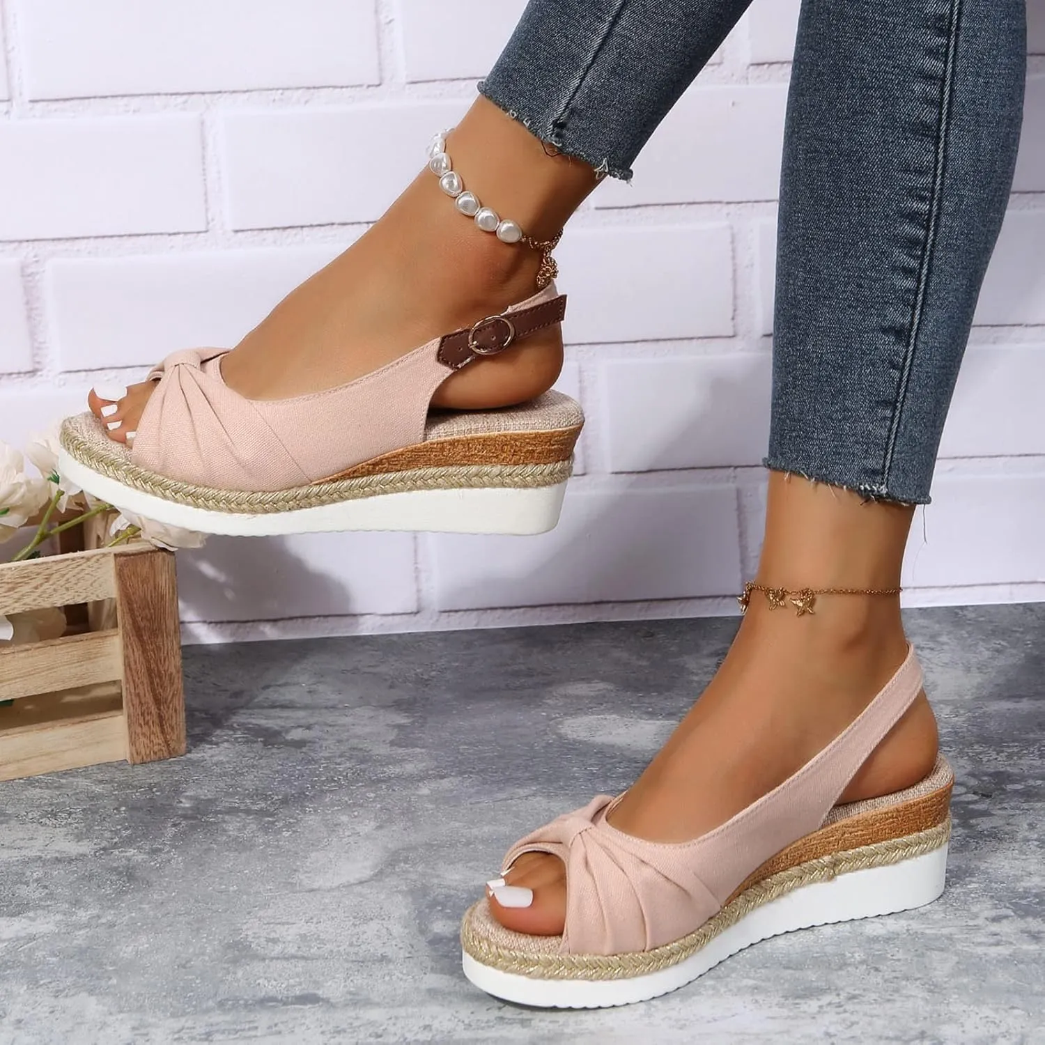 Platform Sandals Women Wedge Braided Platform Adjustable Ankle Band Breathable Beach Shoes Slip-Resistant Tread 2025 Spring and Summer Vacation