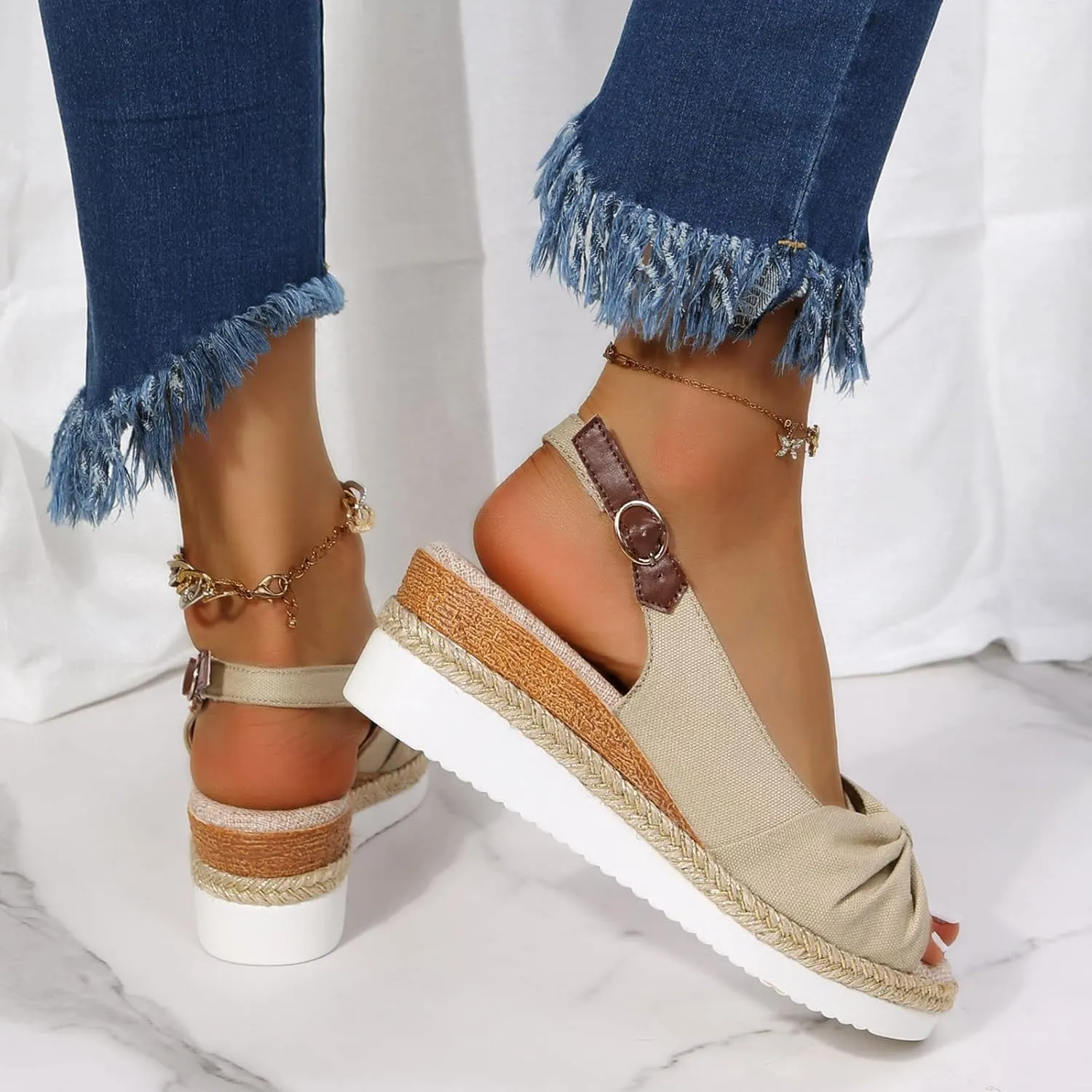 Platform Sandals Women Wedge Braided Platform Adjustable Ankle Band Breathable Beach Shoes Slip-Resistant Tread 2025 Spring and Summer Vacation