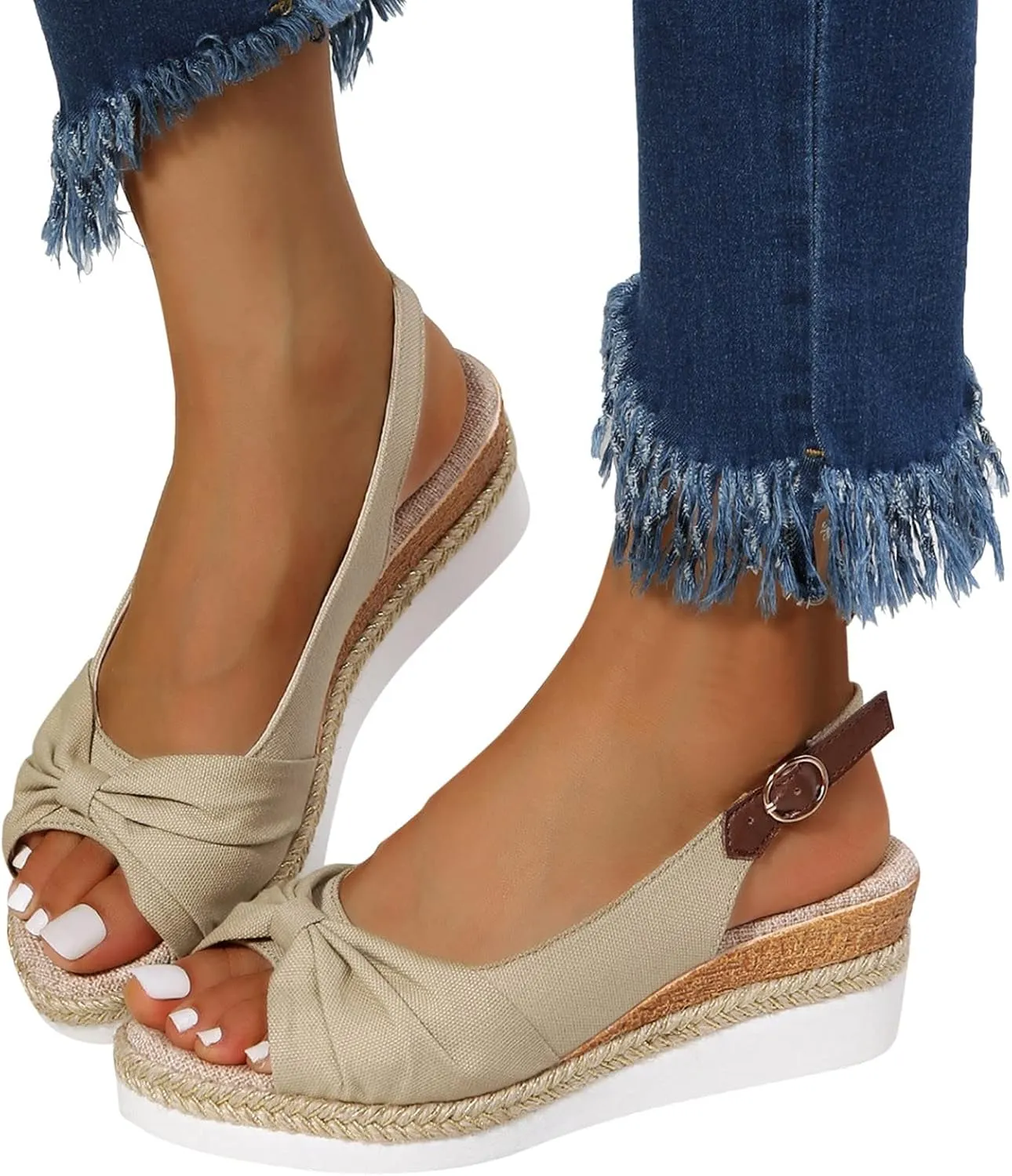Platform Sandals Women Wedge Braided Platform Adjustable Ankle Band Breathable Beach Shoes Slip-Resistant Tread 2025 Spring and Summer Vacation