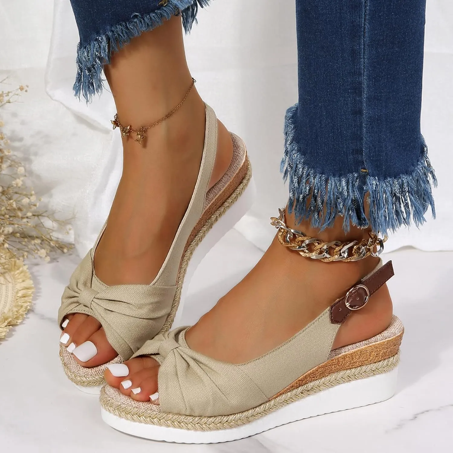 Platform Sandals Women Wedge Braided Platform Adjustable Ankle Band Breathable Beach Shoes Slip-Resistant Tread 2025 Spring and Summer Vacation