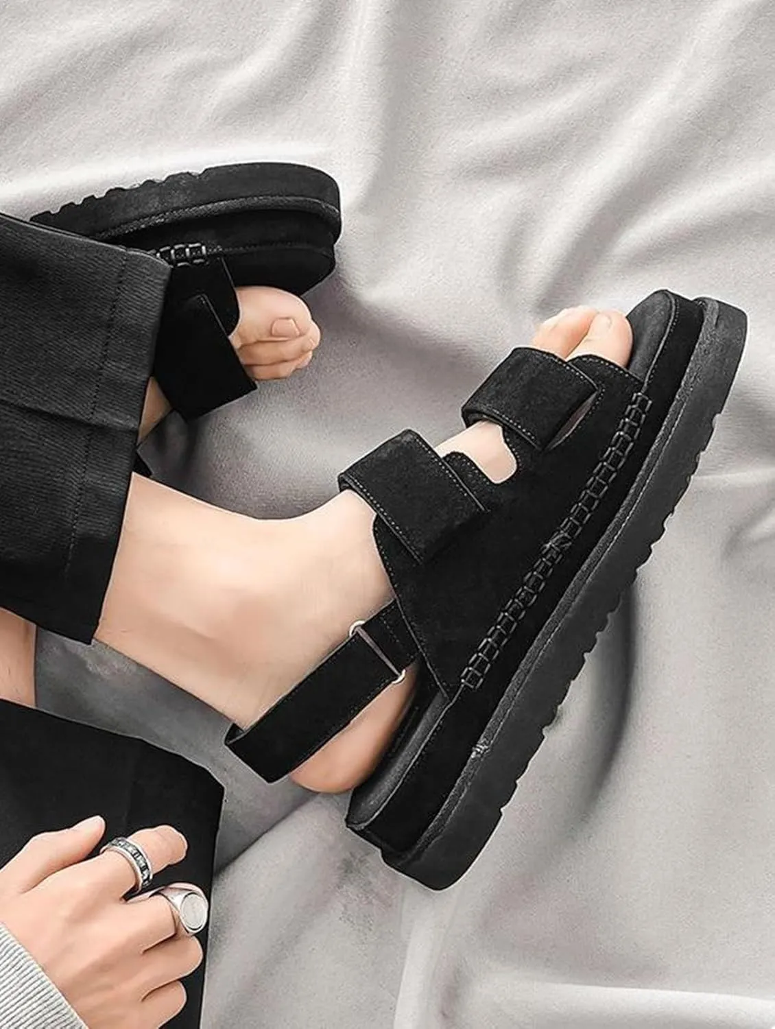 Platform Suede Sandals for Women Comfortable Slides Adjustable Strap Non Slip Lightweight Women’s Flat Sandals Casual Slip On Slippers for Summer