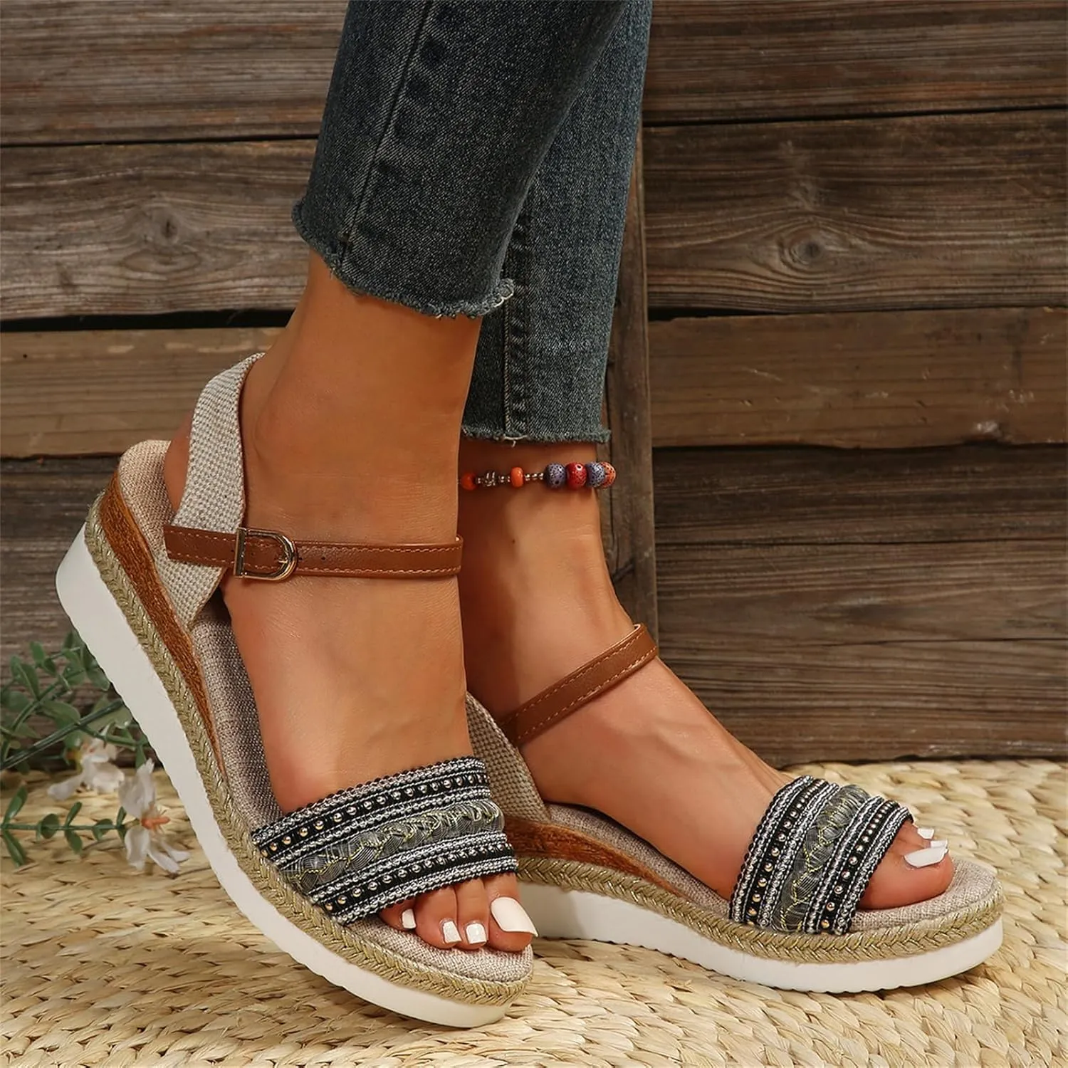 Platform Wedge Sandals for Women,Summer Dressy 2024 Open Toe Ankle Strap Low Heels Beach Boho Orthopedic Casual Walking Shoes Espadrille Women Summer Comfortable Anti Slip
