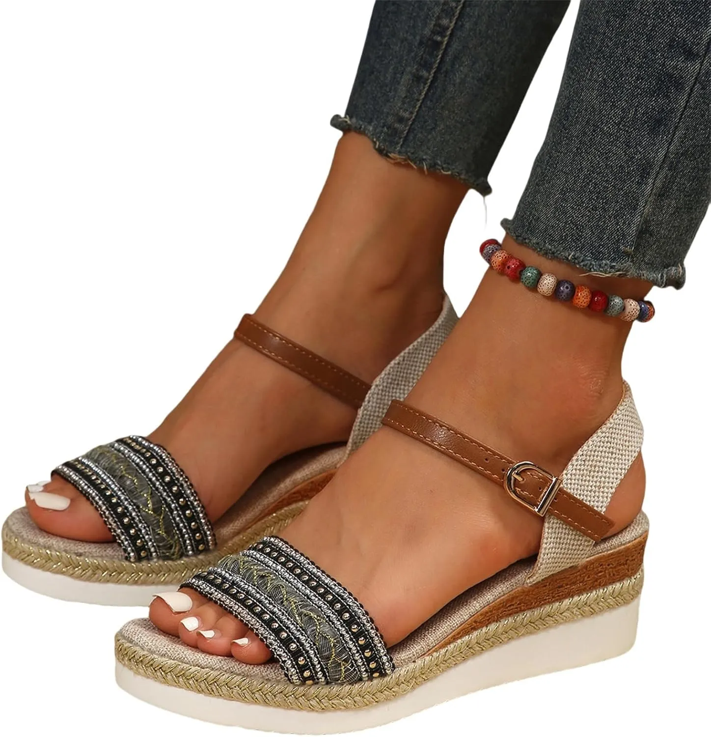Platform Wedge Sandals for Women,Summer Dressy 2024 Open Toe Ankle Strap Low Heels Beach Boho Orthopedic Casual Walking Shoes Espadrille Women Summer Comfortable Anti Slip
