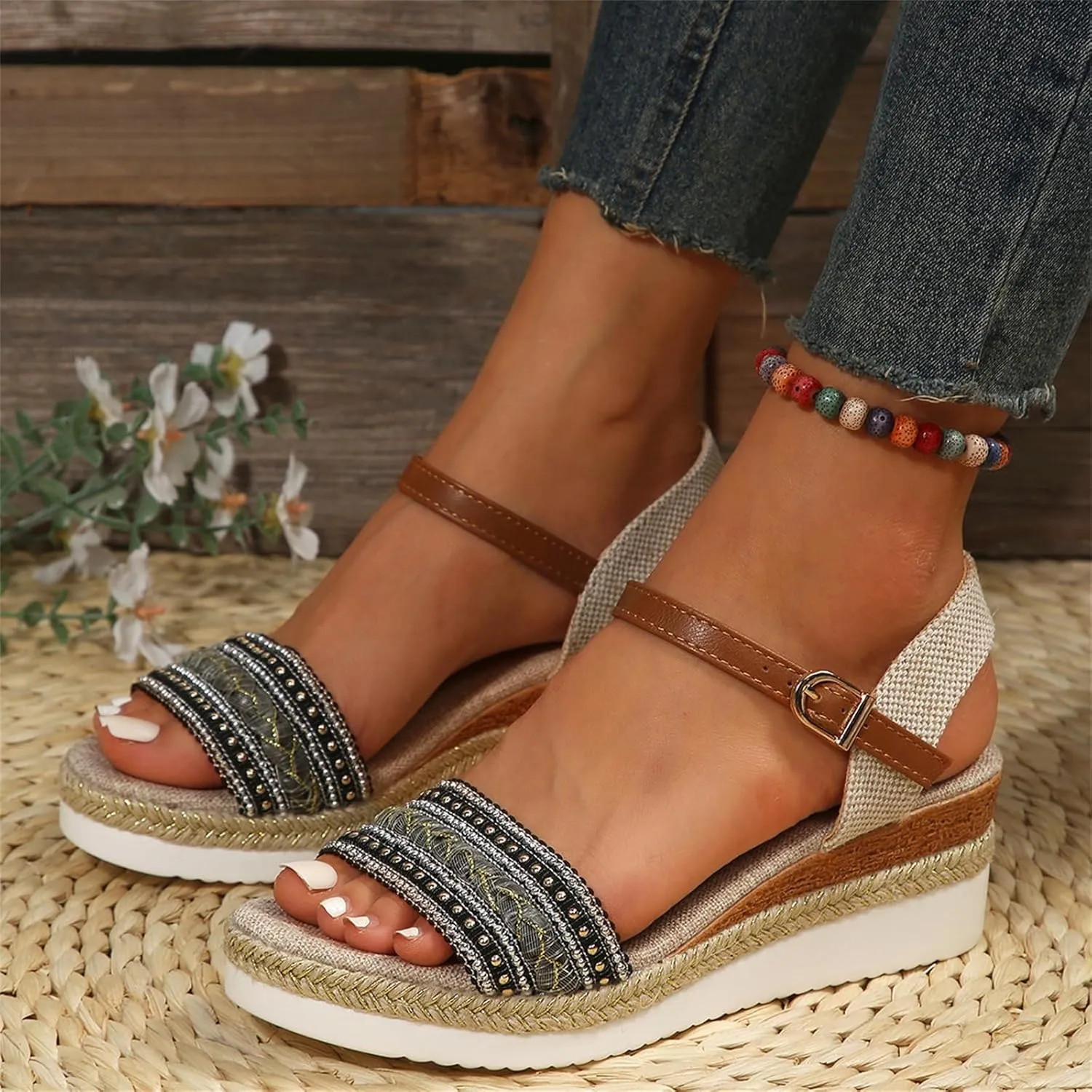 Platform Wedge Sandals for Women,Summer Dressy 2024 Open Toe Ankle Strap Low Heels Beach Boho Orthopedic Casual Walking Shoes Espadrille Women Summer Comfortable Anti Slip