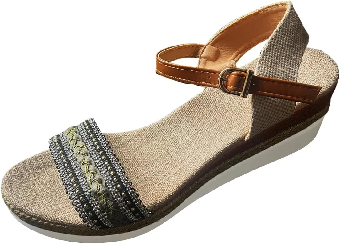 Platform Wedge Sandals for Women,Summer Dressy 2024 Open Toe Ankle Strap Low Heels Beach Boho Orthopedic Casual Walking Shoes Espadrille Women Summer Comfortable Anti Slip