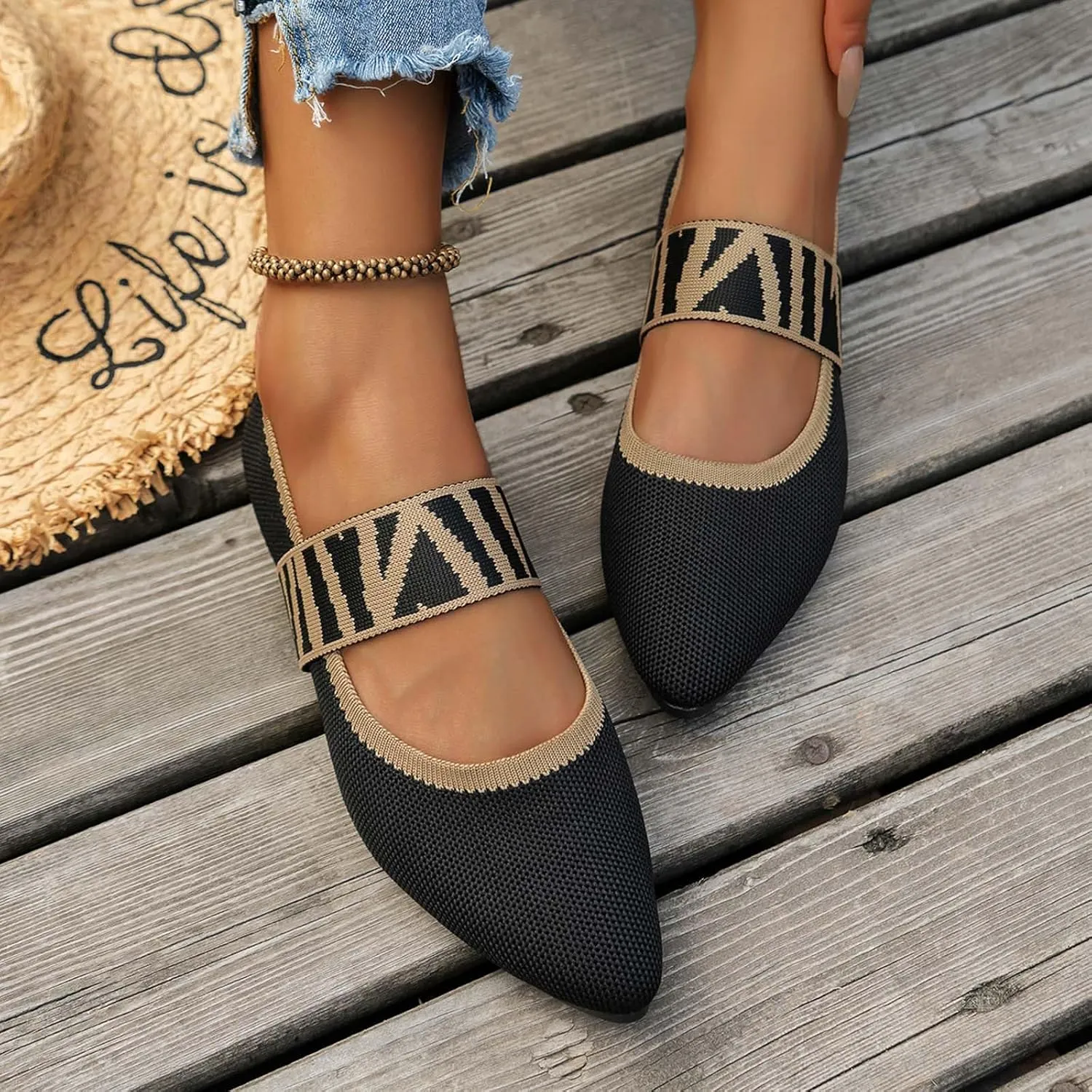 Pointed Toe Flats for Women Knit Ballet Flats Ladies Slip on Work Shoes Business Casul Loafers Comfort Office Shoes