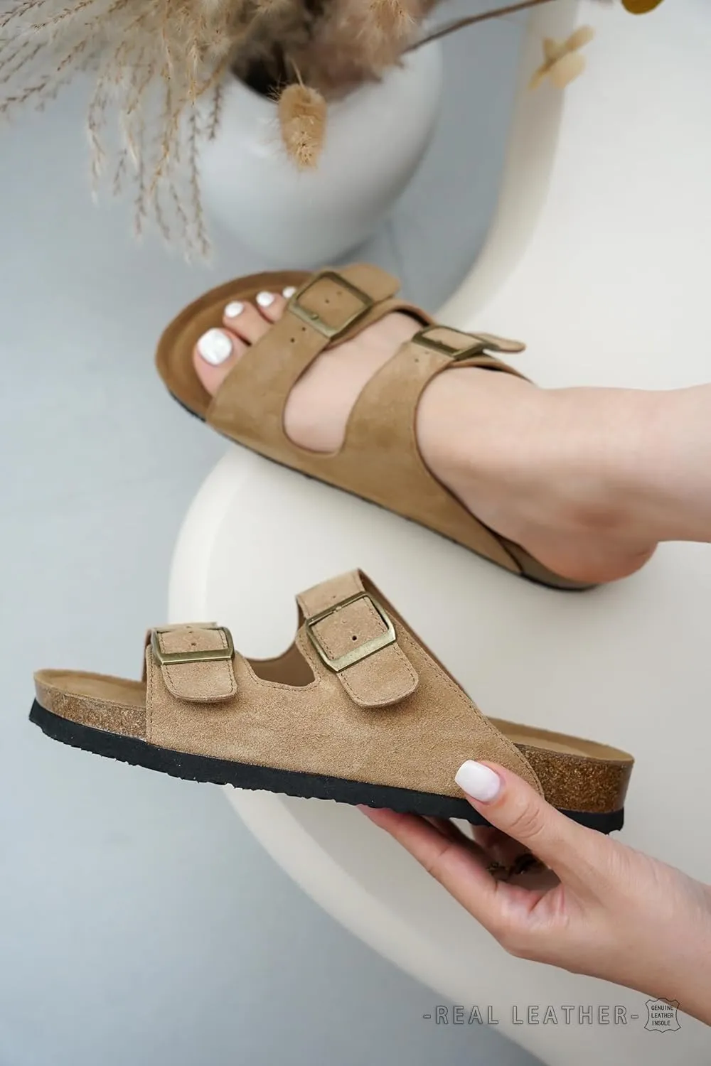 Project Cloud Genuine Leather Flat Sandals Beach Essentials Womens Sandals Memory Foam Vacation Essentials Slides for Women Footwear (Venita)