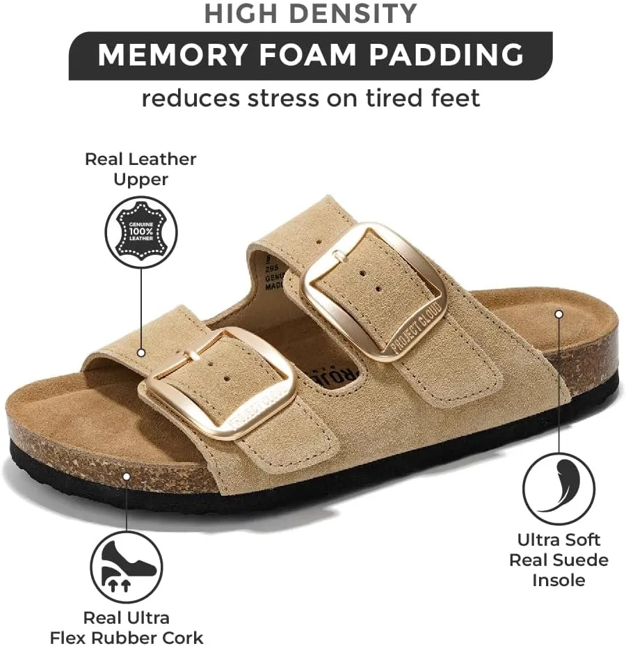 Project Cloud Genuine Leather Flat Sandals Comfortable Beach Essentials Womens Sandals Memory Foam Vacation Essentials Slides for Women Footwear (Santorini)
