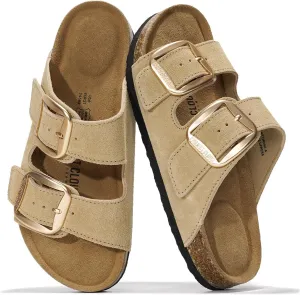 Project Cloud Genuine Leather Flat Sandals Comfortable Beach Essentials Womens Sandals Memory Foam Vacation Essentials Slides for Women Footwear (Santorini)