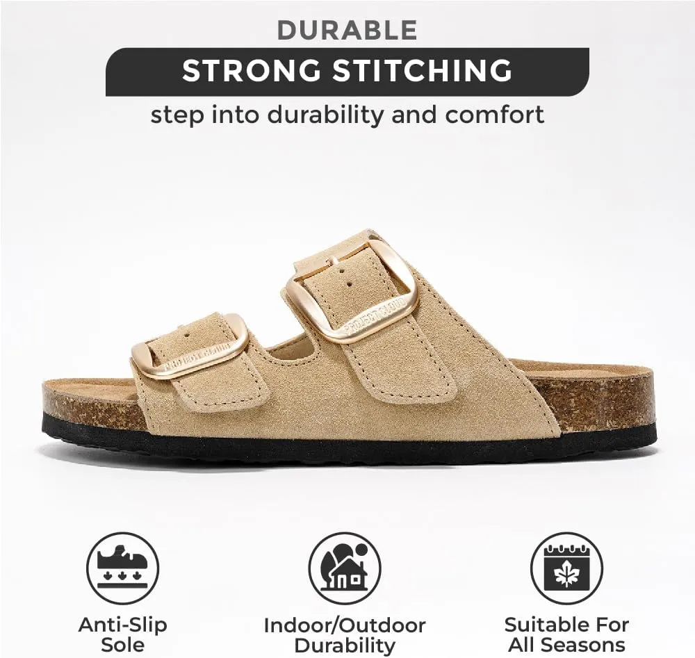 Project Cloud Genuine Leather Flat Sandals Comfortable Beach Essentials Womens Sandals Memory Foam Vacation Essentials Slides for Women Footwear (Santorini)