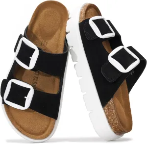 Project Cloud Genuine Leather Platform Sandals Women Footwear - Wedge Chunky Sandals Womens sandals with Memory Foam Insole and Cork Footbed (GREECECHUNKY)