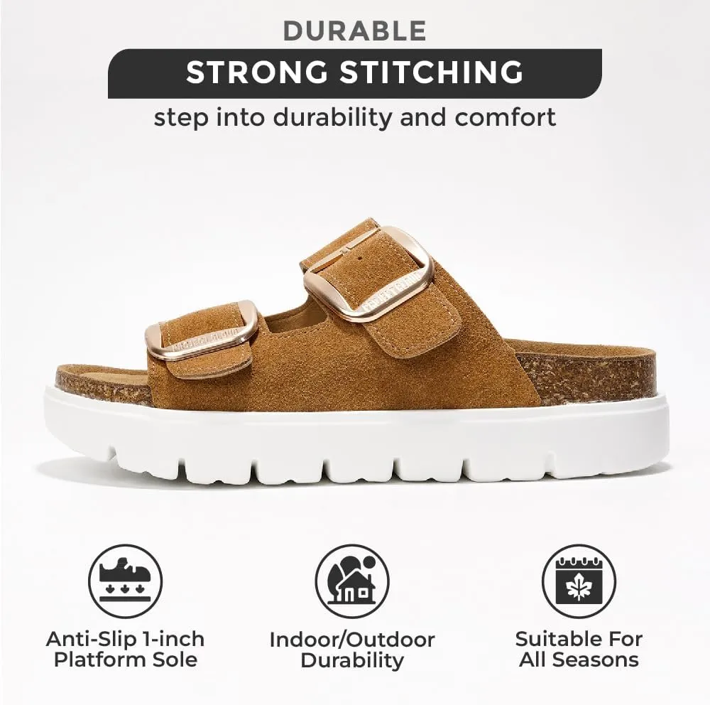 Project Cloud Genuine Leather Platform Sandals Women Footwear - Wedge Chunky Sandals Womens sandals with Memory Foam Insole and Cork Footbed (GREECECHUNKY)