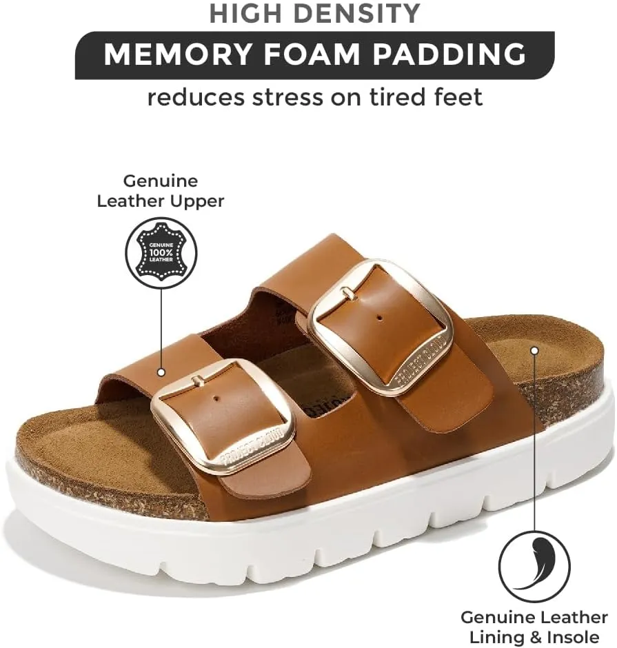 Project Cloud Genuine Leather Platform Sandals Women Footwear - Wedge Chunky Sandals Womens sandals with Memory Foam Insole and Cork Footbed (GREECECHUNKY)