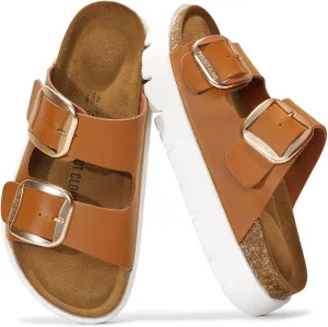 Project Cloud Genuine Leather Platform Sandals Women Footwear - Wedge Chunky Sandals Womens sandals with Memory Foam Insole and Cork Footbed (GREECECHUNKY)