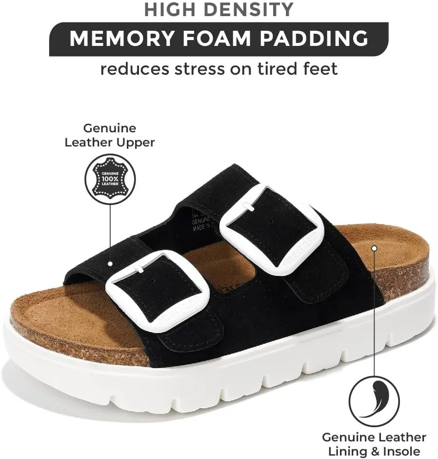 Project Cloud Genuine Leather Platform Sandals Women Footwear - Wedge Chunky Sandals Womens sandals with Memory Foam Insole and Cork Footbed (GREECECHUNKY)
