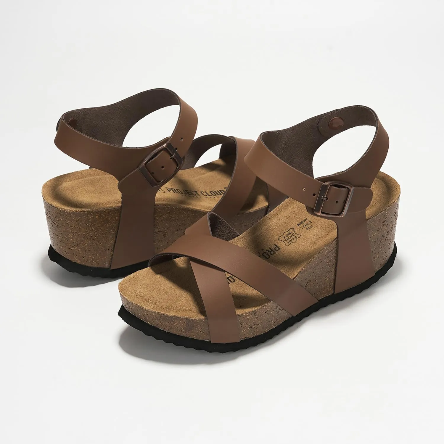 Project Cloud Genuine Leather Wedge Sandals for Women 2025 - Womens Sandals & Wedges with Memory Foam Insole & Cork Footbed - Platform Wedges Women Footwear (Cabana)