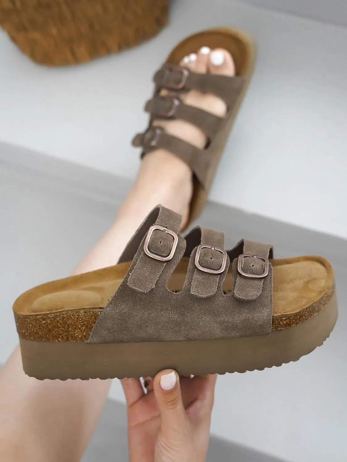 Project Cloud Genuine Suede Womens Sandals - Comfortable Wedges & Platform Sandals for Women with Memory Foam Insole - Non-Slip 3-Strap Wedge for Women Footwear (Dyan)