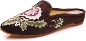 Qhome Women's Chinese Floral Embroidery Pointed-Toe Comfortable Satin Casual Mules House Pumps Slippers Shoes