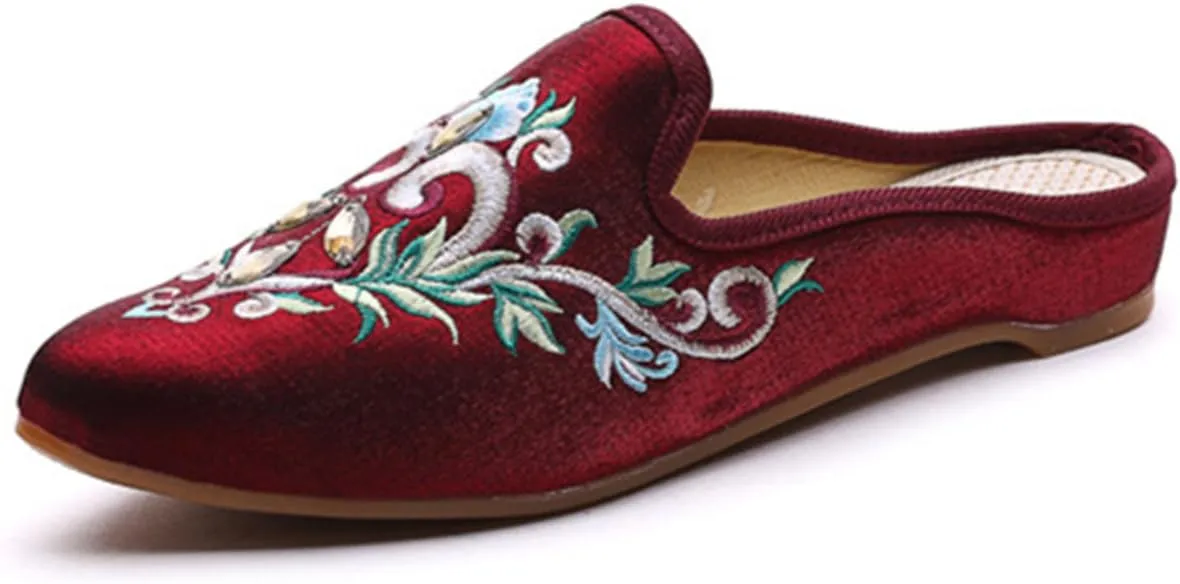 Qhome Women's Chinese Floral Embroidery Pointed-Toe Comfortable Satin Casual Mules Slippers Shoes