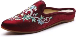 Qhome Women's Chinese Floral Embroidery Pointed-Toe Comfortable Satin Casual Mules Slippers Shoes