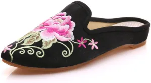 Qhome Women's Chinese Floral Peony Embroidery Pointed-Toe Comfortable Satin Casual Mules House Pumps Slippers Shoes