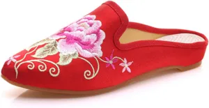 Qhome Women's Chinese Floral Peony Embroidery Pointed-Toe Comfortable Satin Casual Mules House Pumps Slippers Shoes