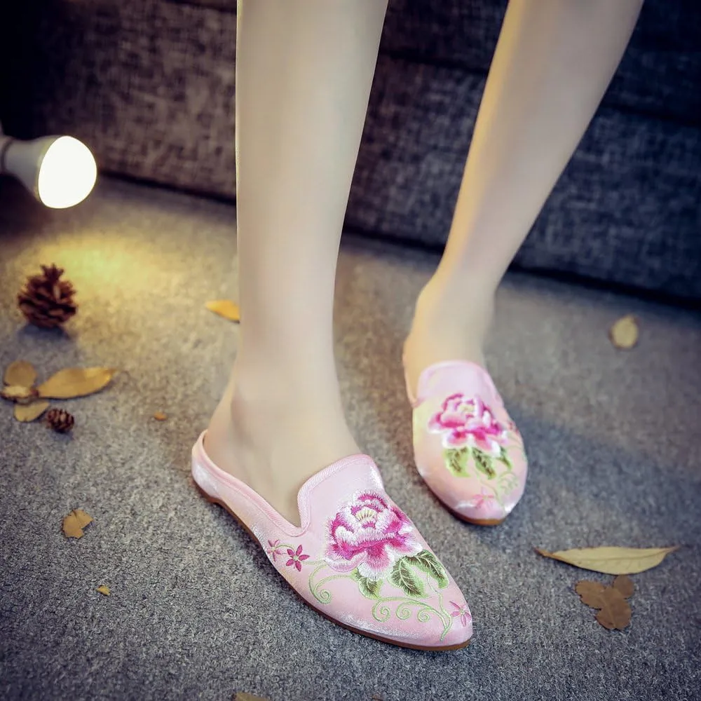 Qhome Women's Chinese Floral Peony Embroidery Pointed-Toe Comfortable Satin Casual Mules House Pumps Slippers Shoes