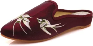 Qhome Women's Chinese Swallow Embroidery Pointed-Toe Comfortable Satin Casual Mules House Pumps Slippers Shoes