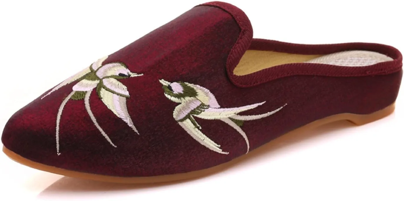 Qhome Women's Chinese Swallow Embroidery Pointed-Toe Comfortable Satin Casual Mules House Pumps Slippers Shoes
