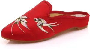 Qhome Women's Chinese Swallow Embroidery Pointed-Toe Comfortable Satin Casual Mules House Pumps Slippers Shoes