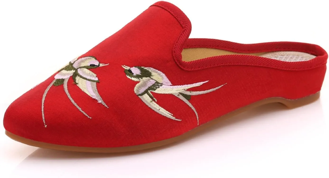 Qhome Women's Chinese Swallow Embroidery Pointed-Toe Comfortable Satin Casual Mules House Pumps Slippers Shoes