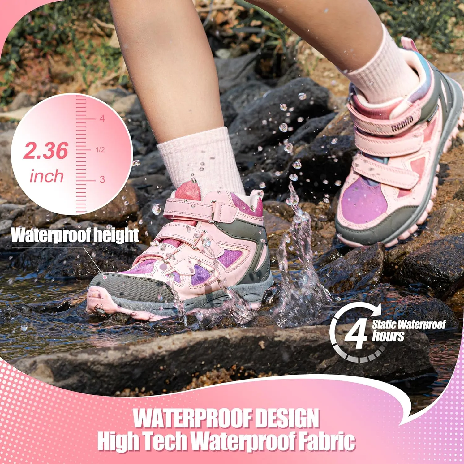 R CORD Kids Hiking Boots Girls Hiking Boots Waterproof Non-Slip for Outdoor Lace-Up Closure Durable TPR Traction Outsole Kids Hiking Shoes