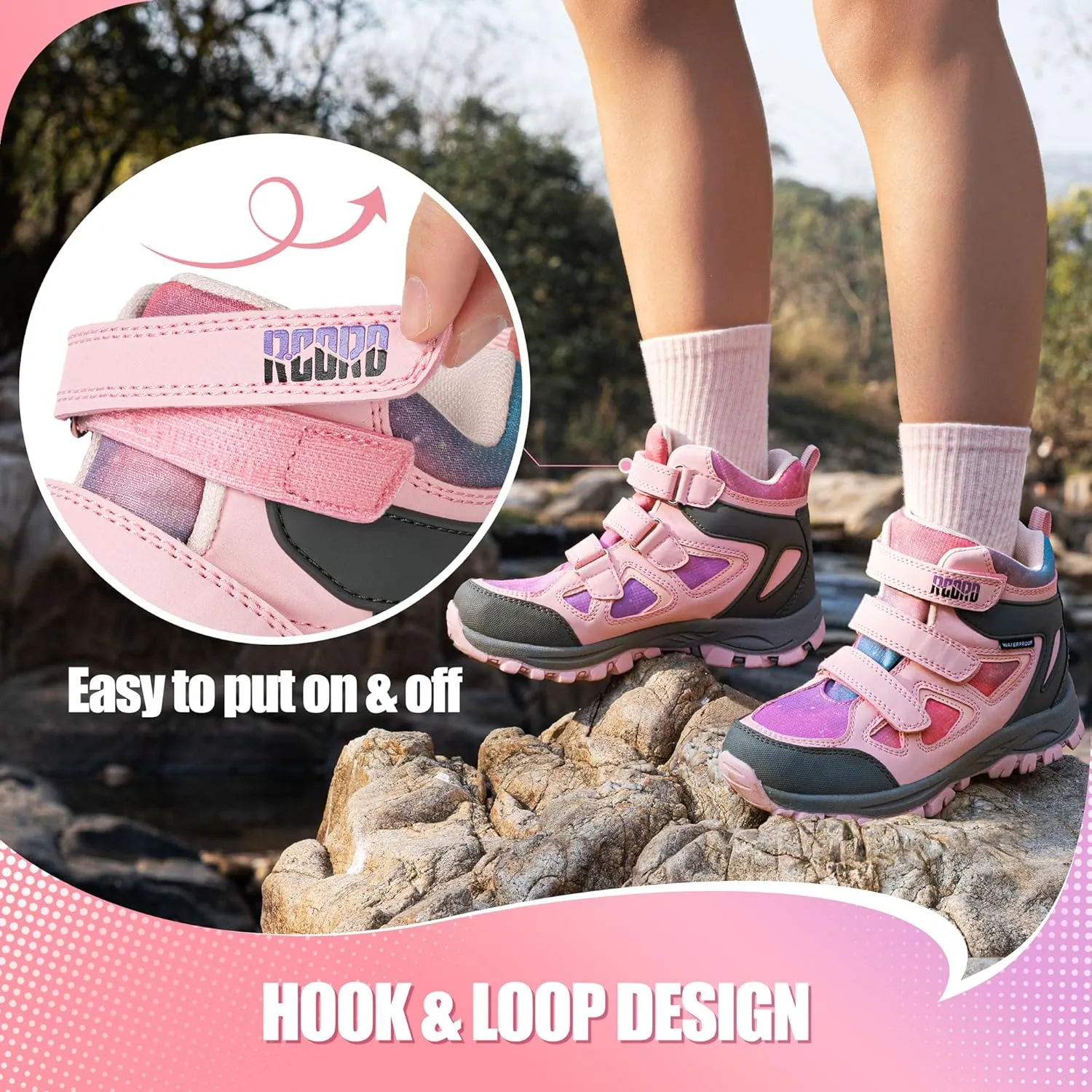 R CORD Kids Hiking Boots Girls Hiking Boots Waterproof Non-Slip for Outdoor Lace-Up Closure Durable TPR Traction Outsole Kids Hiking Shoes